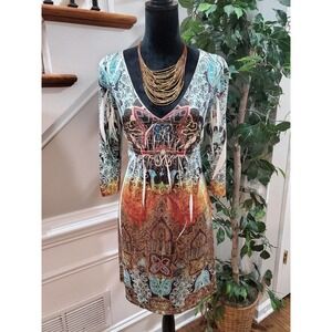 S-Twelve Women's Multicolor Polyester V-Neck Long Sleeve Knee Length Dress M/M